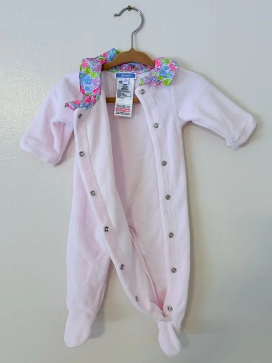 Jacadi Paris Baby Girl 3mo Pale Pink Velour Footed Onsie Floral Ruffle Collar - Picture 3 of 11